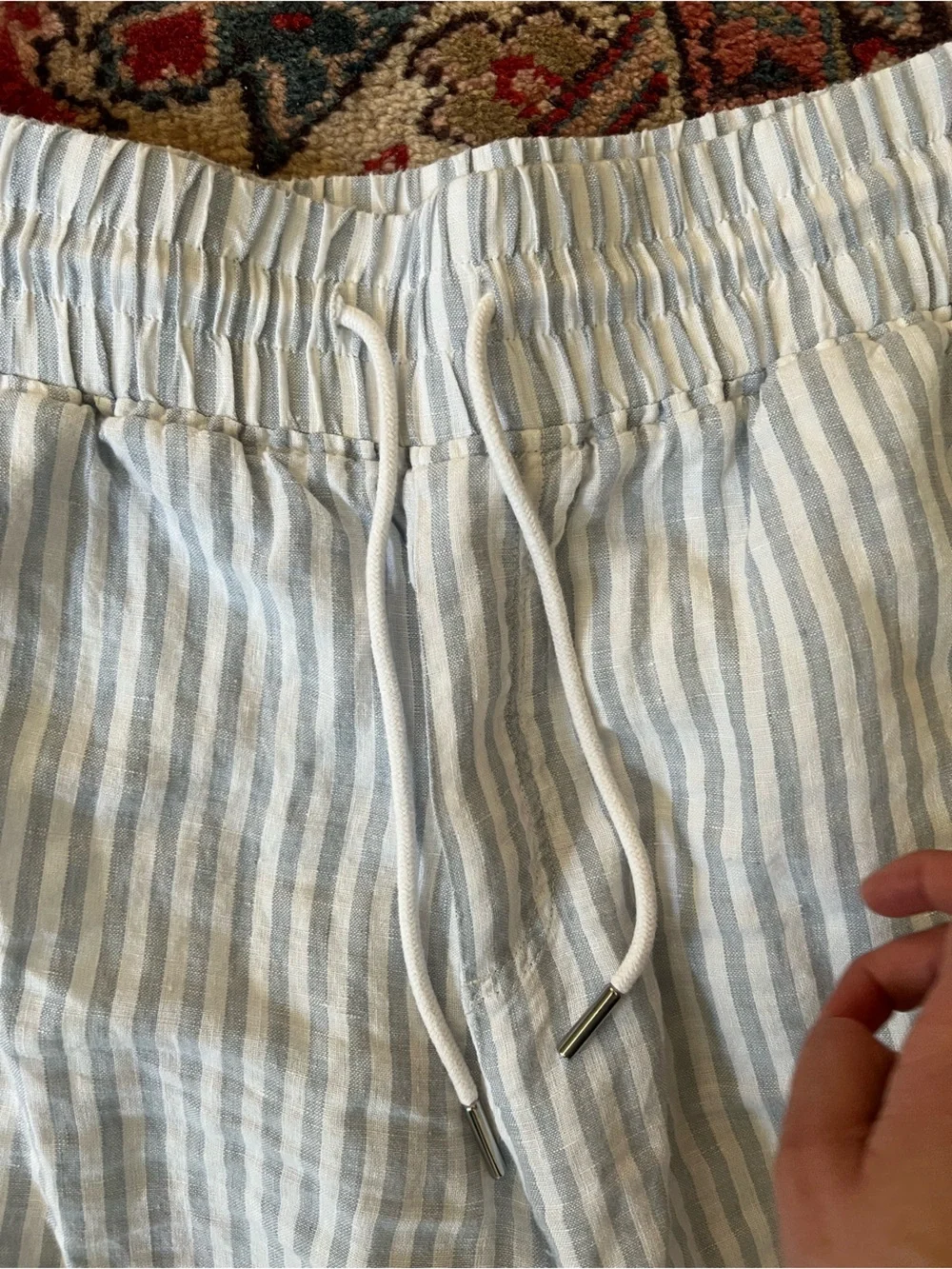 Quince 100% European Linen Wide Leg Pants in Sky blue Mariner Stripes— Large